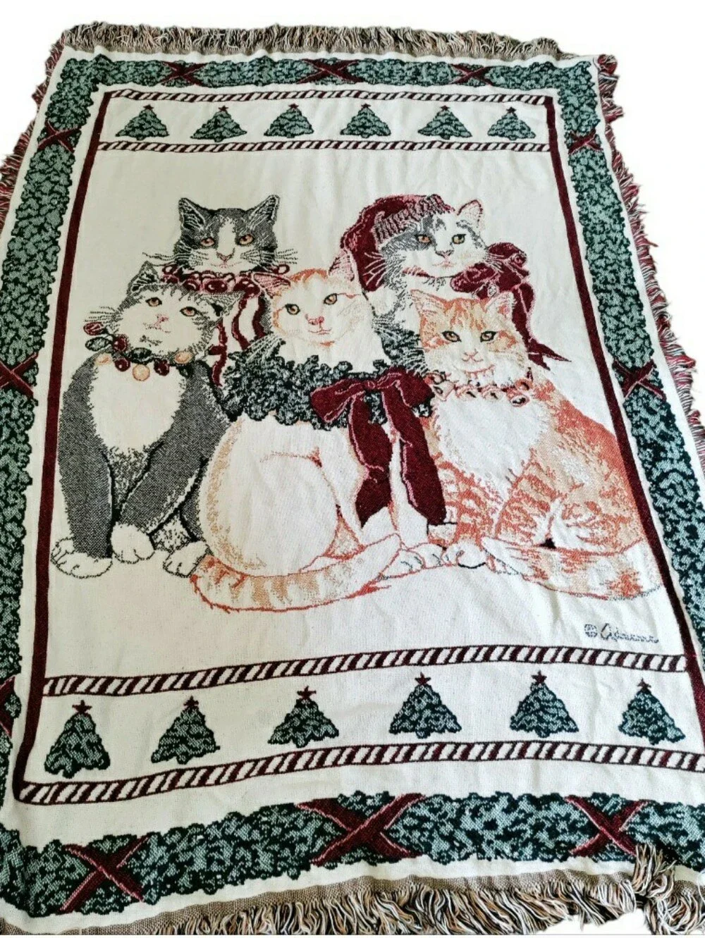 Woven Tapestry Fringe Blanket Holiday Cats 50x70 Christmas Feline Cottagecore
